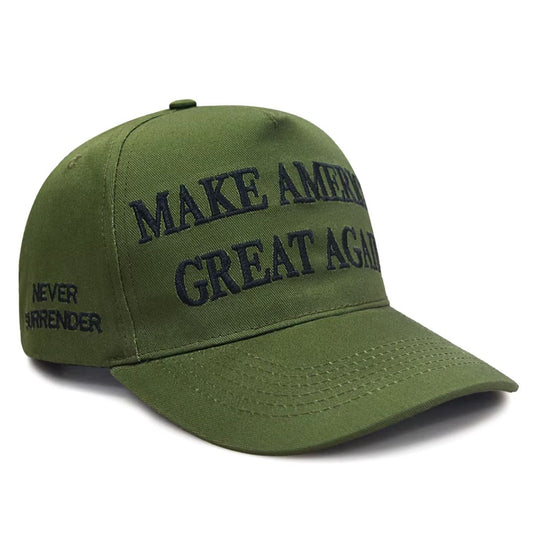 Trump Never Surrender 45-47 Legacy Hat – 4-Sided Embroidered Edition (Olive Drab)