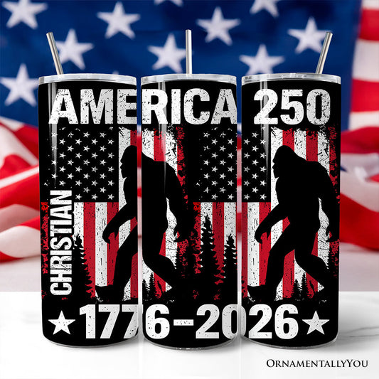 Bigfoot American Flag 20oz Personalized Tumbler With Lid and Stainless Steel Straw