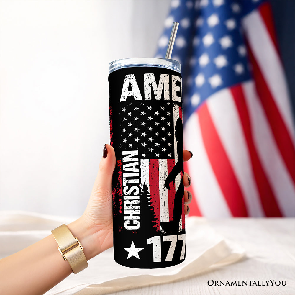 Bigfoot American Flag 20oz Personalized Tumbler With Lid and Stainless Steel Straw