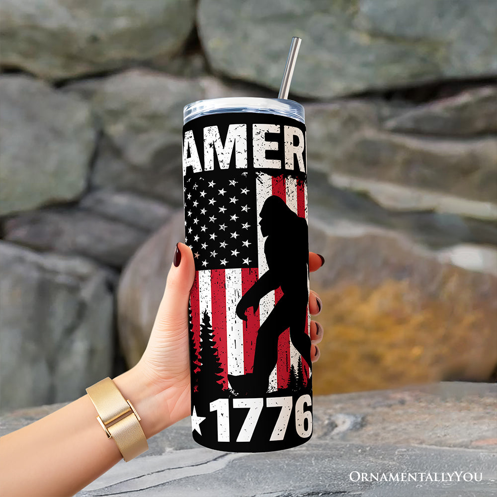 Bigfoot American Flag 20oz Personalized Tumbler With Lid and Stainless Steel Straw